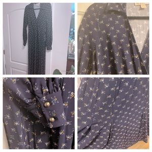 Michael KORS Navy Stretch long sleeve maxi dress v-neck floral size size small